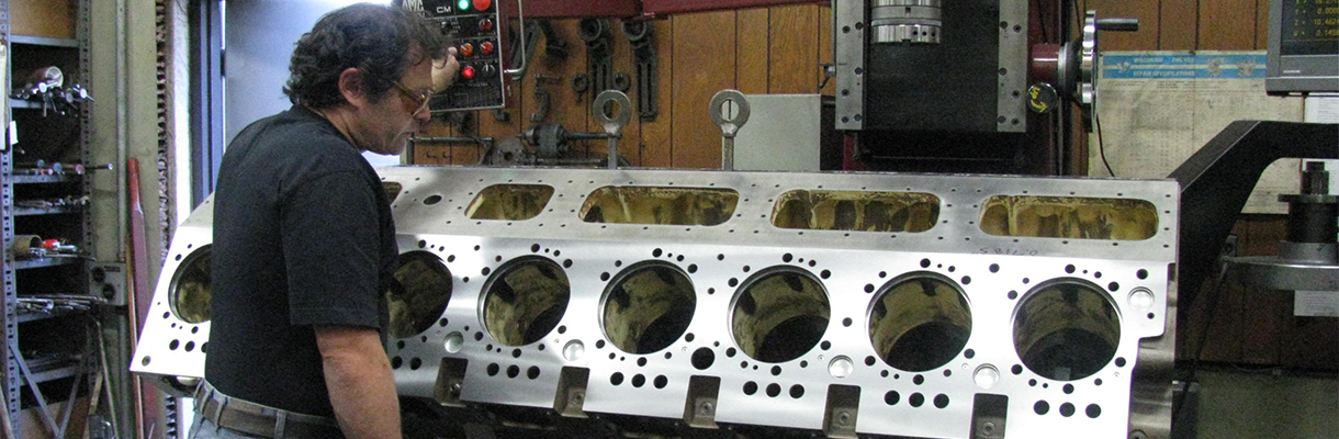 A cylinder block being rebuilt by Rutt's Machine Shop, Inc.